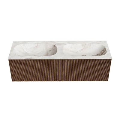 MONDIAZ KURVE-DLUX 140cm Meuble salle de bain - couleur Walnut - 2 tiroirs - vasque STOR SMALL double - sans trou de robinet - couleur Frappe