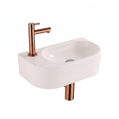 QeramiQ Fuente Lavabo pour WC - 40x22x12 cm - lisse - demi-rond - trou de robinet de Lavabo pour WC a gauche - ceramique - robinet de Lavabo pour WC cuivre brosse - siphon bas - bonde - lin