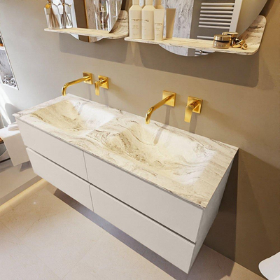 Mondiaz VICA-DLUX ensemble de meuble de salle de bain - 130cm - meuble sous-vasque lin - 4 tiroirs - lavabo encastrée cloud double - sans trous de robinet - version haute de 60cm - glace