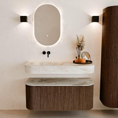 MONDIAZ THOR-DLUX 110cm badmeubel ronding links + rechts kleur Walnut met 1 lade en 2 deuren. Vrijhangende wastafel CLOUD Links zonder kraangat kleur Frappe.