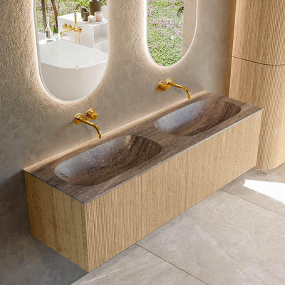 MONDIAZ KURVE-DLUX 150cm meuble de salle de bains couleur Oak avec 2 tiroirs et 0 portes. Lavabo STOR SMALL Double sans trou de robinet Oza.