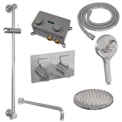 BRAUER Chrome Edition Thermostatische Regendouche inbouw - drukknoppen - SET 69 - 20cm hoofddouche - gebogen muurarm - 3 standen handdouche - doucheslang - geïntegreerde glijstang - chroom