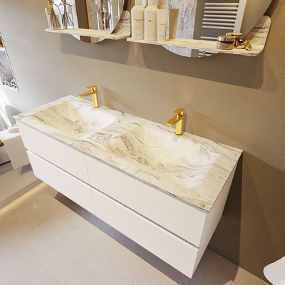 Mondiaz VICA-DLUX ensemble de meuble de salle de bain - 130cm - meuble sous-vasque talc - 4 tiroirs - lavabo encastré cloud double - 2 trous de robinet - version haute de 60cm - glace