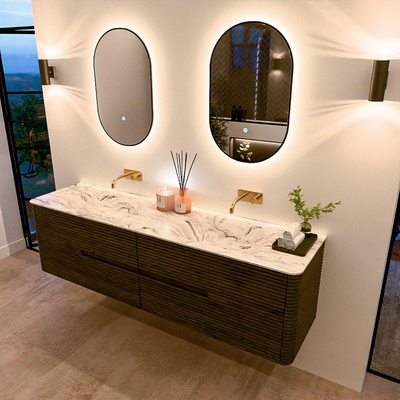 Mondiaz CIRO-DLUX Meuble de salle de bains - 180x45x50cm - Plan vasque Solid surface Glace - 2 vasques Double - sans trous de robinet - 4 tiroirs - Shadow