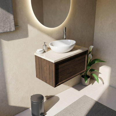 Saniclass Holz Frame Ensemble meuble salle de bains - 80x45x43cm - Plateau en pierre naturelle travertin - 1 trou de robinetterie - 1 tiroir - chêne charcoal mat (bois)