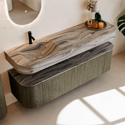 MONDIAZ THOR-DLUX 160cm meuble de salle de bains arrondi gauche + droite couleur Shadow avec 1 tiroir et 2 portes. Vasque suspendue CLOUD Gauche 1 trou de robinet couleur Sombra.