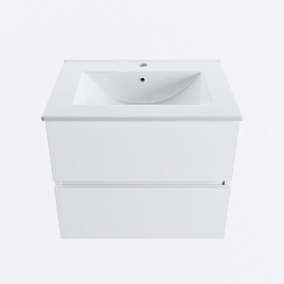 Mondiaz VICA Ensemble de meuble de salle de bain - 60cm - meuble sous-vasque talc - 2 tiroirs - lavabo denia milieu - 1 trou de robinet - version haute de 60cm - blanc brillant