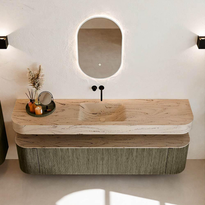 MONDIAZ THOR-DLUX 190cm meuble de salle de bains arrondi gauche + droite couleur Shadow avec 2 tiroirs et 2 portes. Vasque suspendue CLOUD Centre sans trou de robinet couleur Arena.