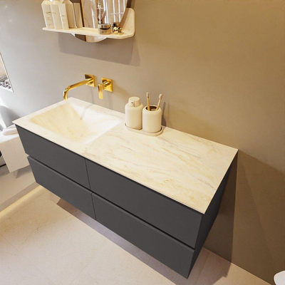 Mondiaz VICA-DLUX ensemble de meuble de salle de bain - 120cm - meuble sous-vasque gris foncé - 4 tiroirs - lavabo encastré cloud gauche - sans trous de robinet - version haute de 60cm - ostra