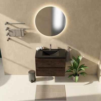 Saniclass Holz Atelier Ensemble de meuble de salle de bains - 80x45x62cm - Lavabo Vygo en céramique noir - 1 vasque - 1 trou de robinet - 2 tiroirs - chêne charcoal mat (bois)