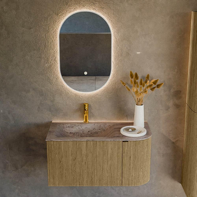 MONDIAZ KURVE-DLUX Meuble de salle de bains 85cm arrondi Droite couleur Dusk avec 1 tiroir et 1 porte. Lavabo CLOUD Gauche 1 trou de robinet Oza.