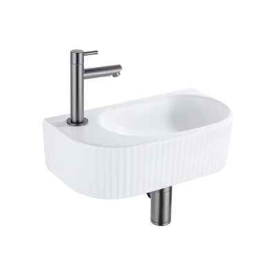 QeramiQ Fuente Ensemble de lavabo - 40x21.5x12cm - gauche - strié - demi-rond - 1 trou de robinet - céramique - robinet de lave-mains gunmetal - bouchon de vidange - siphon abaissé - blanc brillant