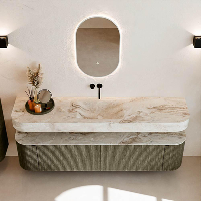 MONDIAZ THOR-DLUX Meuble de salle de bains 190cm arrondi gauche + droite couleur Shadow avec 2 tiroirs et 2 portes. Vasque suspendue CLOUD Milieu sans trou de robinet couleur Frappe.