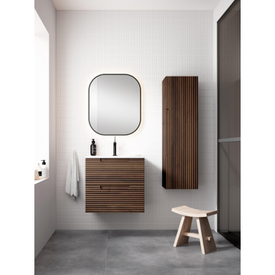 Adema Prime Balance Ensemble de meuble - 59.5x55x44.9cm - 1 vasque ovale en céramique Blanc - 1 trous de robinet - 2 tiroirs - miroir rectangulaire - Noyer