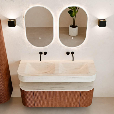 MONDIAZ THOR-DLUX 130cm meuble de salle de bains arrondi gauche + droite couleur Ruby avec 1 tiroir et 2 portes. Vasque suspendue CLOUD Double sans trou de robinet couleur Meli.