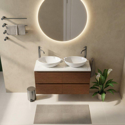 Saniclass Holz Pure Ensemble de meubles de salle de bains - 120x45x63cm - Plan vasque en marbre Dia poli (blanc) - 2 trous de robinet - 4 tiroirs - walnut pure mat (bois)