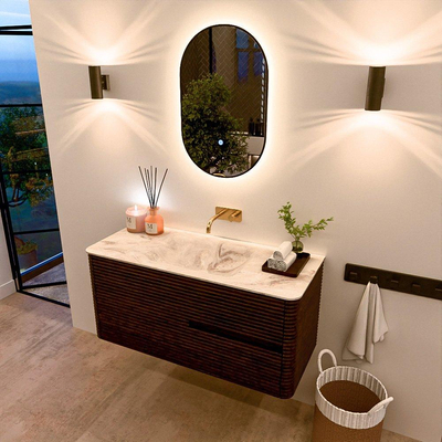 Mondiaz CIRO-DLUX Meuble de salle de bains - 110x45x50cm - lavabo en solid surface Frappe - 1 vasque au milieu - sans trous de robinetterie - 2 tiroirs - Noyer