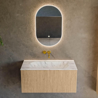 MONDIAZ KURVE-DLUX Meuble de salle de bains 90 cm couleur Oak avec 1 tiroir. Lavabo BIG SMALL central sans trou de robinet couleur Glace.