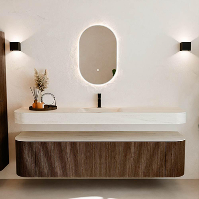 MONDIAZ THOR-DLUX 190cm badmeubel ronding links + rechts kleur Walnut met 2 lades en 2 deuren. Vrijhangende wastafel CLOUD Midden 1 kraangat kleur Meli.