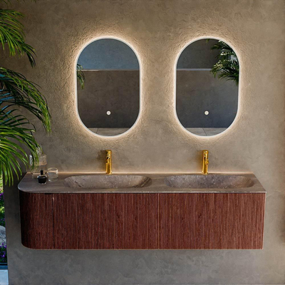 MONDIAZ KURVE-DLUX Meuble de salle de bains 165cm arrondi à gauche couleur Ruby avec 2 tiroirs et 1 porte. Lavabo STOR SMALL Double / Droite 2 trous de robinet Oza.