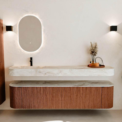 MONDIAZ THOR-DLUX Meuble de salle de bains 190cm arrondi gauche + droite couleur Ruby avec 2 tiroirs et 2 portes. Vasque suspendue CLOUD Gauche 1 trou de robinet couleur Frappe.