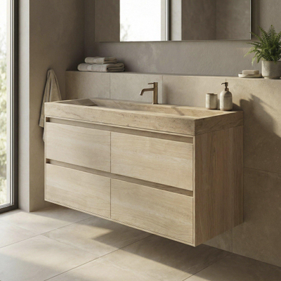 Forzalaqua Ibiza Ensemble meuble de salle de bains - 120x50x70cm - 4 tiroirs - lavabo en travertin - 1 trou de robinet - jeu de supports - bouchen de vidage - smoke