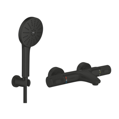 Grohe Precision Feel Thermostatische Badkraan - 31.3cm - Vitalio Joy Badset - ronde handdouche - 3 straalsoorten - met houder - matte black (mat zwart)
