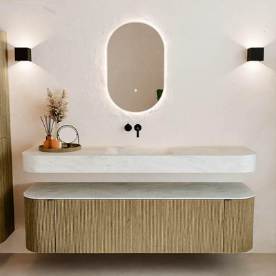 MONDIAZ THOR-DLUX Meuble de salle de bains - 170cm - arrondi gauche + droite - couleur Dusk - 1 tiroir - 2 portes - Vasque suspendue CLOUD Milieu sans trou de robinet - couleur Opalo