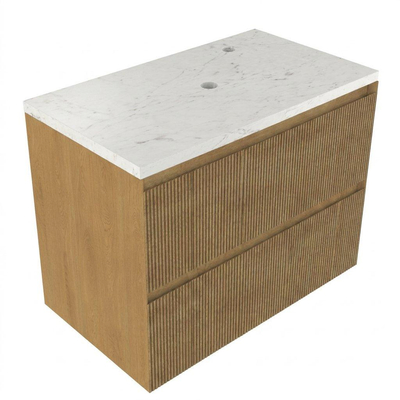 Saniclass Holz Atelier Ensemble meuble de salle de bains - 80x45x63cm - Plan vasque en marbre Dia poli (blanc) - 1 trou de robinetterie - 2 tiroirs - chêne natural mat (bois)