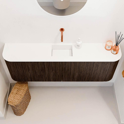 Mondiaz JOYA 123.2cm meuble de salle de bains - arrondis gauche et droite couleur Walnut - Vasque FAYE position Milieu Sans trou de robinet couleur Talc