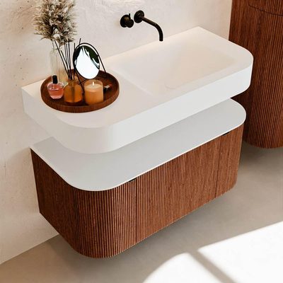 MONDIAZ THOR 100cm meuble de salle de bains arrondi gauche + droite couleur Ruby avec 1 tiroir et 2 portes. Vasque suspendue CLOUD droite sans trou de robinet couleur Talc.