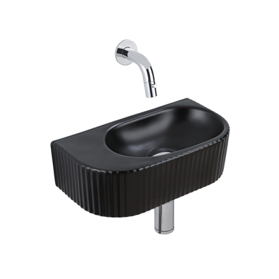 QeramiQ Fuente Fonteinset - 40x21.5x12cm - zonder kraangat - geribbeld - halfrond - keramiek - fonteinkraan chroom - afvoerplug - verlaagd sifon - zwart mat