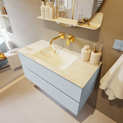 Mondiaz VICA-DLUX ensemble de meuble de salle de bain - 100cm - meuble sous-vasque argile - 2 tiroirs - lavabo encastré nuage milieu - sans trous de robinet - version haute 60cm - frape