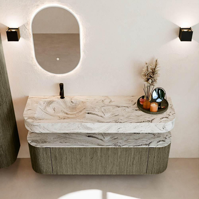 MONDIAZ THOR-DLUX 150cm meuble de salle de bains arrondi gauche + droite couleur Shadow avec 1 tiroir et 2 portes. Vasque suspendue CLOUD Gauche 1 trou de robinet couleur Glace.