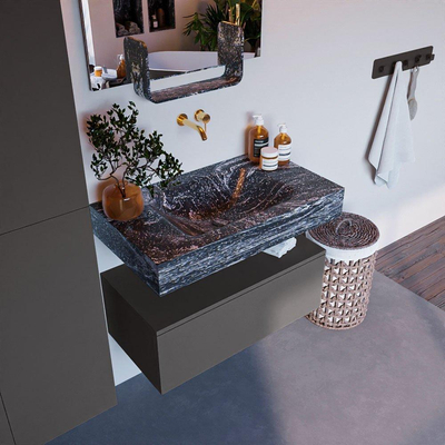 Mondiaz ALAN-DLUX Ensemble de meuble - 80cm - meuble Dark grey mat - 1 tiroir - Lavabo Cloud Lava suspendu - vasque Centre - 0 trous de robinet