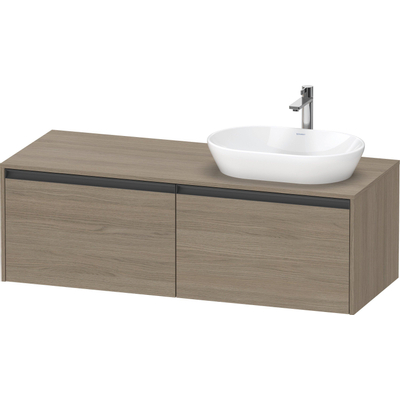 Duravit Ketho.2 Wastafelonderbouwkast - inclusief consoleplaat - met 2 laden - voor waskom rechts - 140x55x45.9cm - met handgrepen antraciet - eiken terra mat