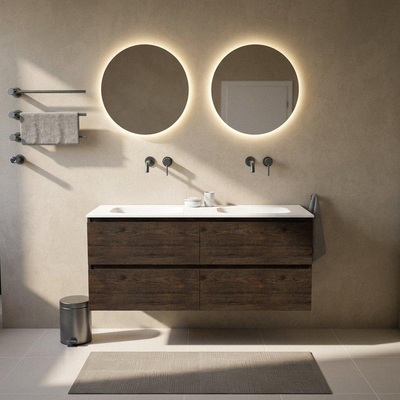 Saniclass Holz Pure Ensemble de meubles de salle de bains - 140x45x61.5cm - lavabo Flow en solid surface blanc - 2 vasques - sans trous de robinetterie - 4 tiroirs - chêne charcoal mat (bois)