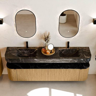 MONDIAZ THOR-DLUX 200cm meuble de salle de bains arrondi gauche + droite couleur Oak avec 2 tiroirs et 2 portes. Vasque suspendue CLOUD Double 2 trous de robinet couleur Lava.