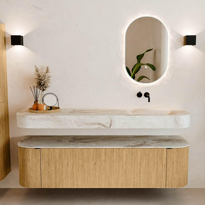 MONDIAZ THOR-DLUX Meuble de salle de bains 170cm arrondi gauche + droite couleur Oak avec 1 tiroir et 2 portes. Vasque suspendue CLOUD Droite sans trou de robinet couleur Frappe.