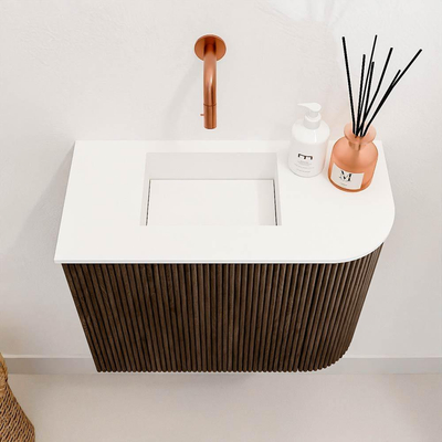 Mondiaz JOYA 51.6cm toiletmeubel - ronding rechts kleur Walnut - Wastafel FAYE positie Links Zonder kraangat kleur Talc.