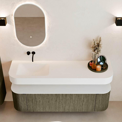 MONDIAZ THOR Meuble de salle de bains 160cm arrondi gauche + droite couleur Shadow avec 1 tiroir et 2 portes. Vasque suspendue CLOUD Gauche sans trou de robinet couleur Talc.