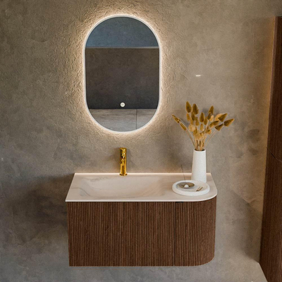 MONDIAZ KURVE-DLUX meuble de salle de bains 85cm arrondi à droite couleur Walnut avec 1 tiroir et 1 porte. Lavabo CLOUD à gauche 1 trou de robinet Meli.