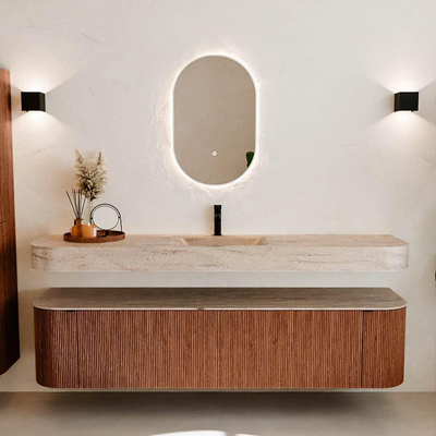 MONDIAZ THOR-DLUX Meuble de salle de bains - 190cm - arrondi gauche + droite - couleur Ruby - 2 tiroirs et 2 portes - Vasque suspendue CLOUD Milieu 1 trou de robinet - couleur Saba