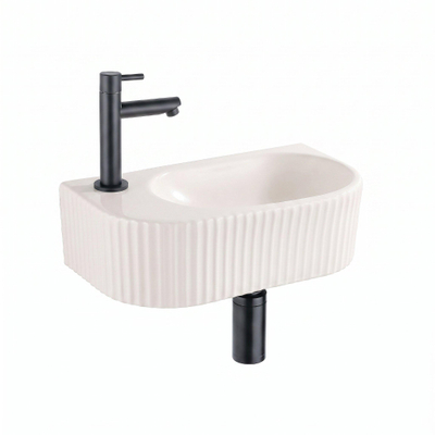 QeramiQ Fuente Fontein - 40x22x12cm - ribbel - halfrond - fonteinkraangat links - keramiek - fonteinkraan mat zwart - verlaagd sifon - afvoerplug - linnen