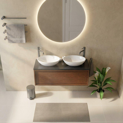 Saniclass Holz Frame Ensemble meuble de salle de bains - 120x45x43cm - Plan vasque en basalte Noche poli (noir) - 2 trous de robinetterie - 1 tiroir - walnut pure mat (bois)