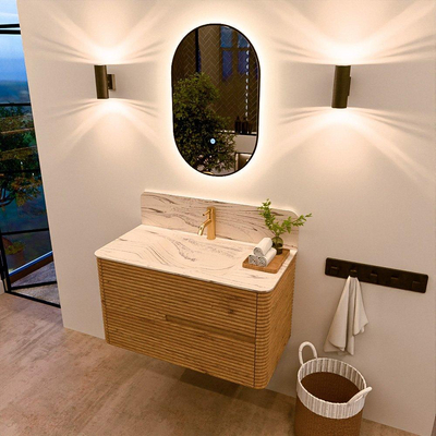 Mondiaz CIRO-DLUX Badkamermeubelset - 90x45x50cm - Solid surface wastafel Nata - 1 wasbak Midden - 1 kraangat - 2 lades - Oak