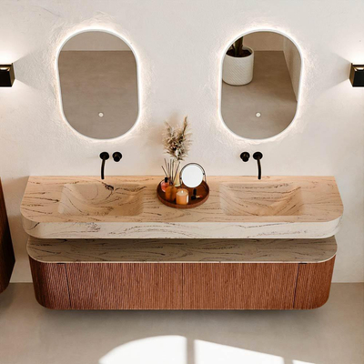 MONDIAZ THOR-DLUX Meuble de salle de bains 190cm arrondi gauche + droite couleur Ruby avec 2 tiroirs et 2 portes. Vasque suspendue CLOUD Double sans trou de robinet couleur Arena.