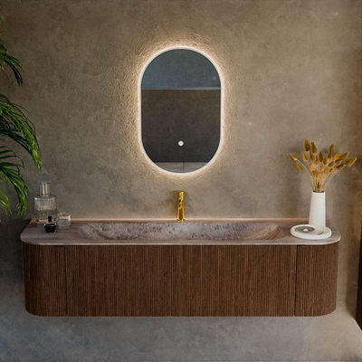 MONDIAZ KURVE-DLUX Meuble de salle de bains 170cm arrondi Gauche + Droite couleur Walnut avec 1 tiroir et 2 portes. Lavabo BIG LARGE Central 1 trou de robinet Oza.