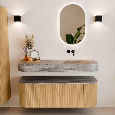 MONDIAZ THOR-DLUX 130cm badmeubel ronding links + rechts kleur Oak met 1 lade en 2 deuren. Vrijhangende wastafel CLOUD Rechts zonder kraangat kleur Oza.