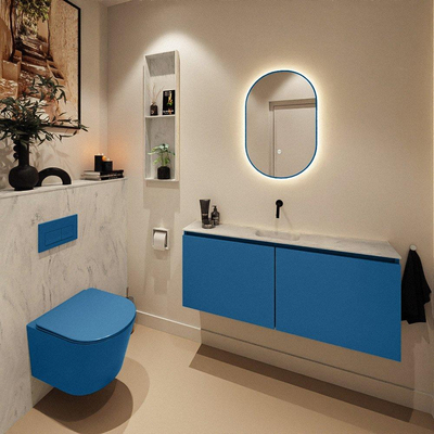 MONDIAZ TURE-DLUX Meuble toilette - 120cm - Jeans - EDEN - vasque Opalo - position centrale - sans trou de robinet